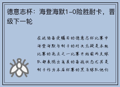 德意志杯：海登海默1-0险胜耐卡，晋级下一轮